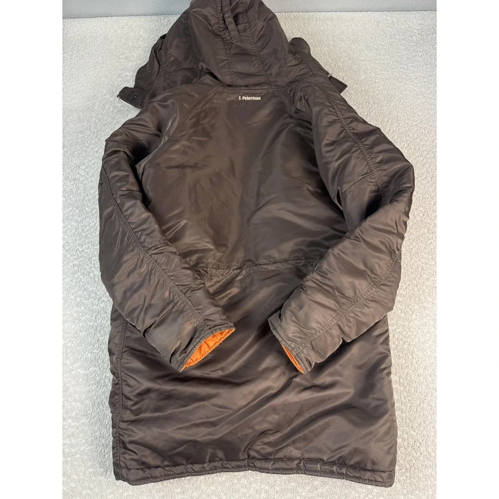 J. Peterman Parka Coat Womens Small Brown Hooded Nylon Insulated Full Zip Winter
